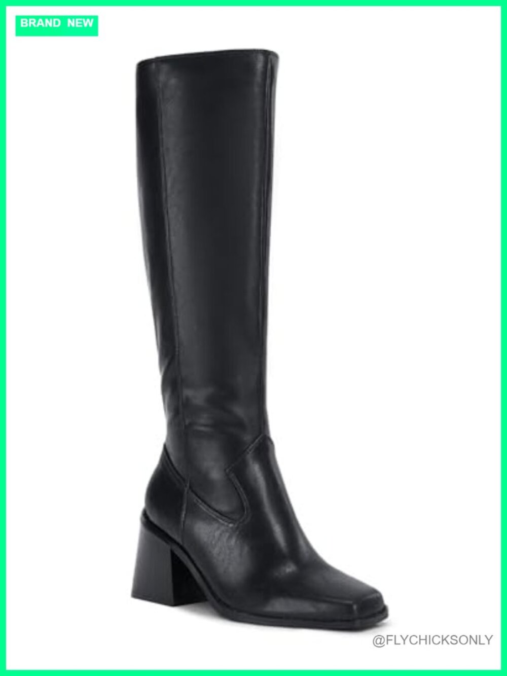 Wide Calf Knee High Boots Square Toe Chunky Heeled Pull On Faux Leather